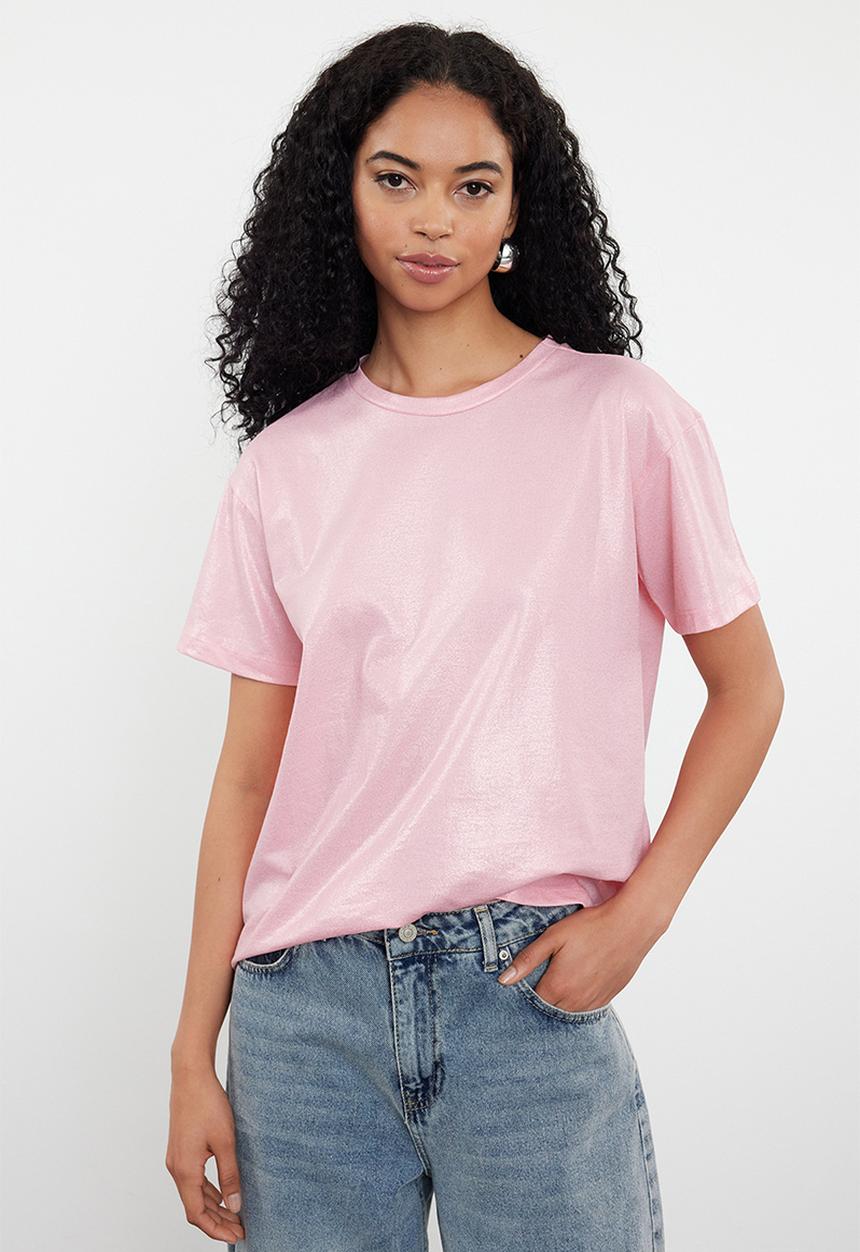 Trendyol - Foil finish t-shirt top - pink