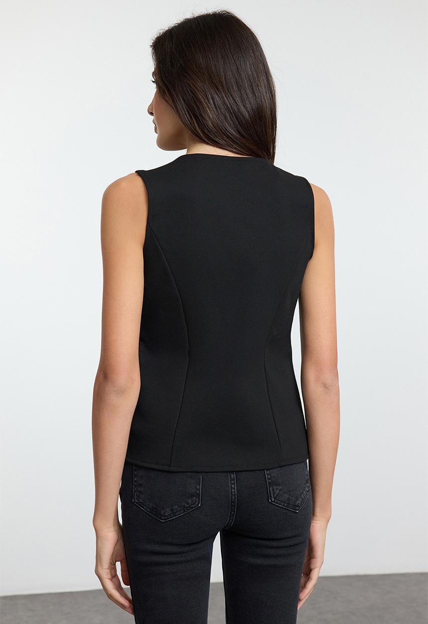 Trendyol - Plain v-neck buttoned flexible knitted vest - black