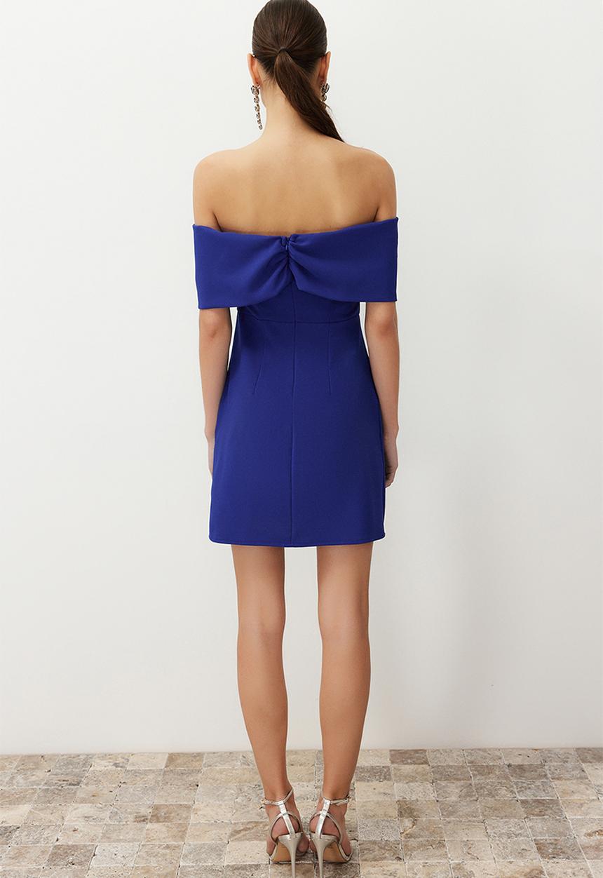 Trendyol - A-line Carmen Collar Woven Mini Dress - blue