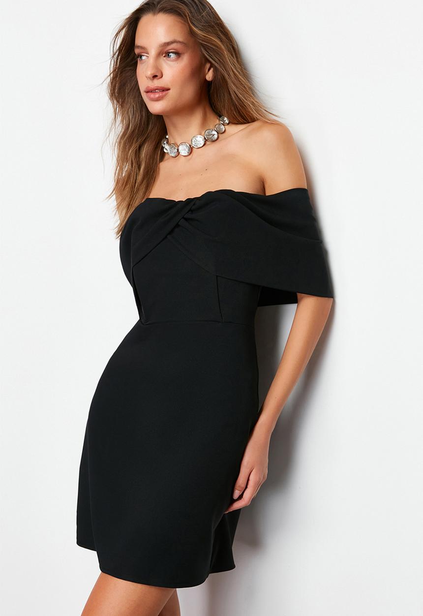 Trendyol - Carmen Collar Woven Short Dress - Black