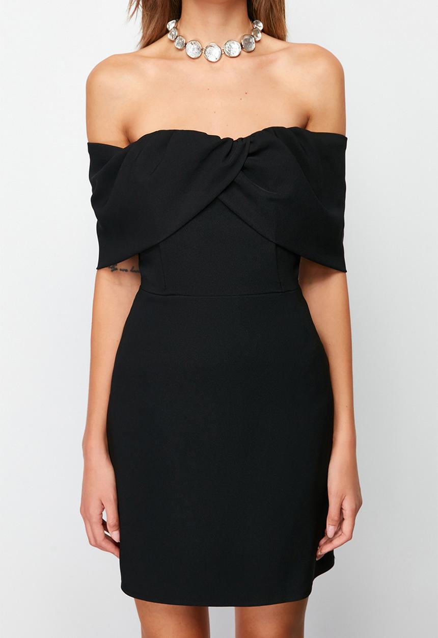 Trendyol - Carmen Collar Woven Short Dress - Black