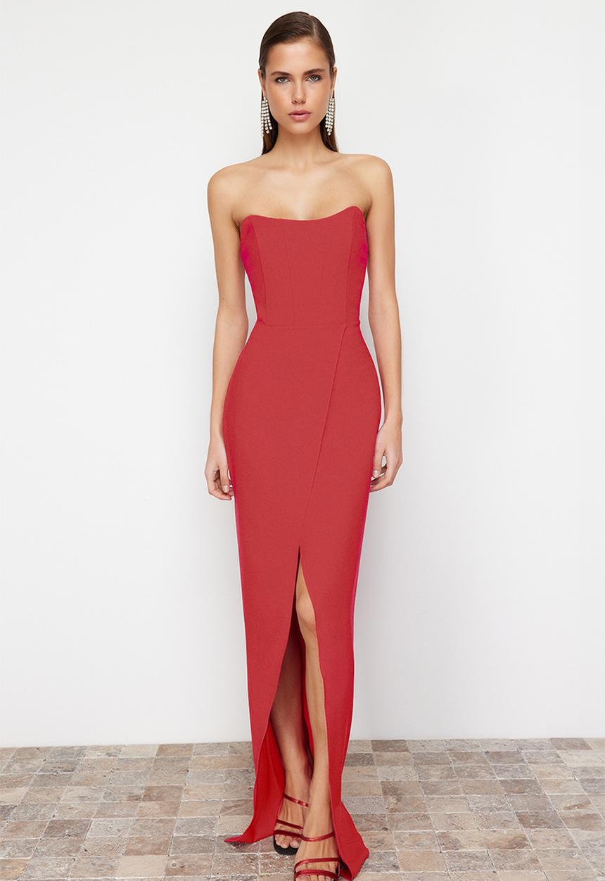 Trendyol - Corset Detailed Woven Long Evening Dress - Red