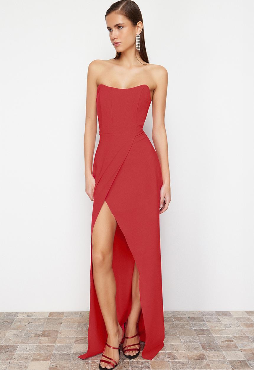 Trendyol - Corset Detailed Woven Long Evening Dress - Red