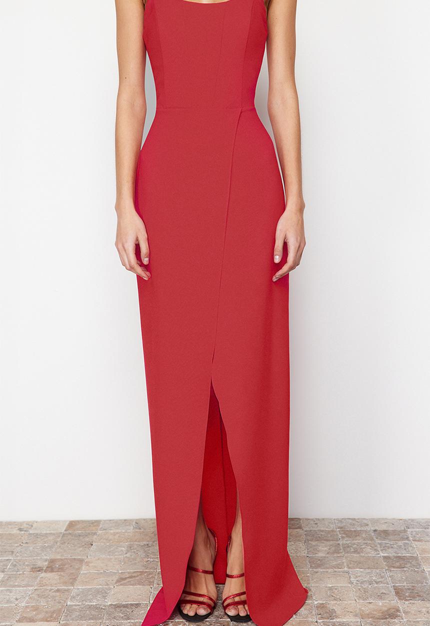 Trendyol - Corset Detailed Woven Long Evening Dress - Red