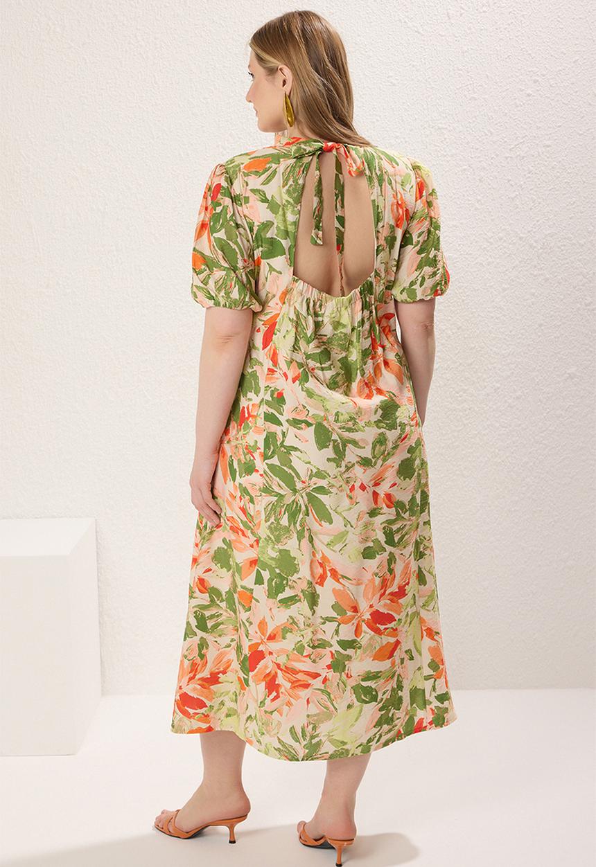 Trendyol - Stand collar balloon sleeve midi lilyum woven plus size dress - multi