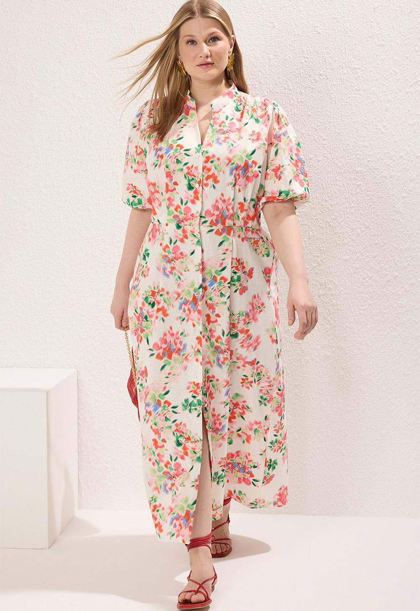 Trendyol - Short balloon sleeve floral woven midi plus size dress - ecru