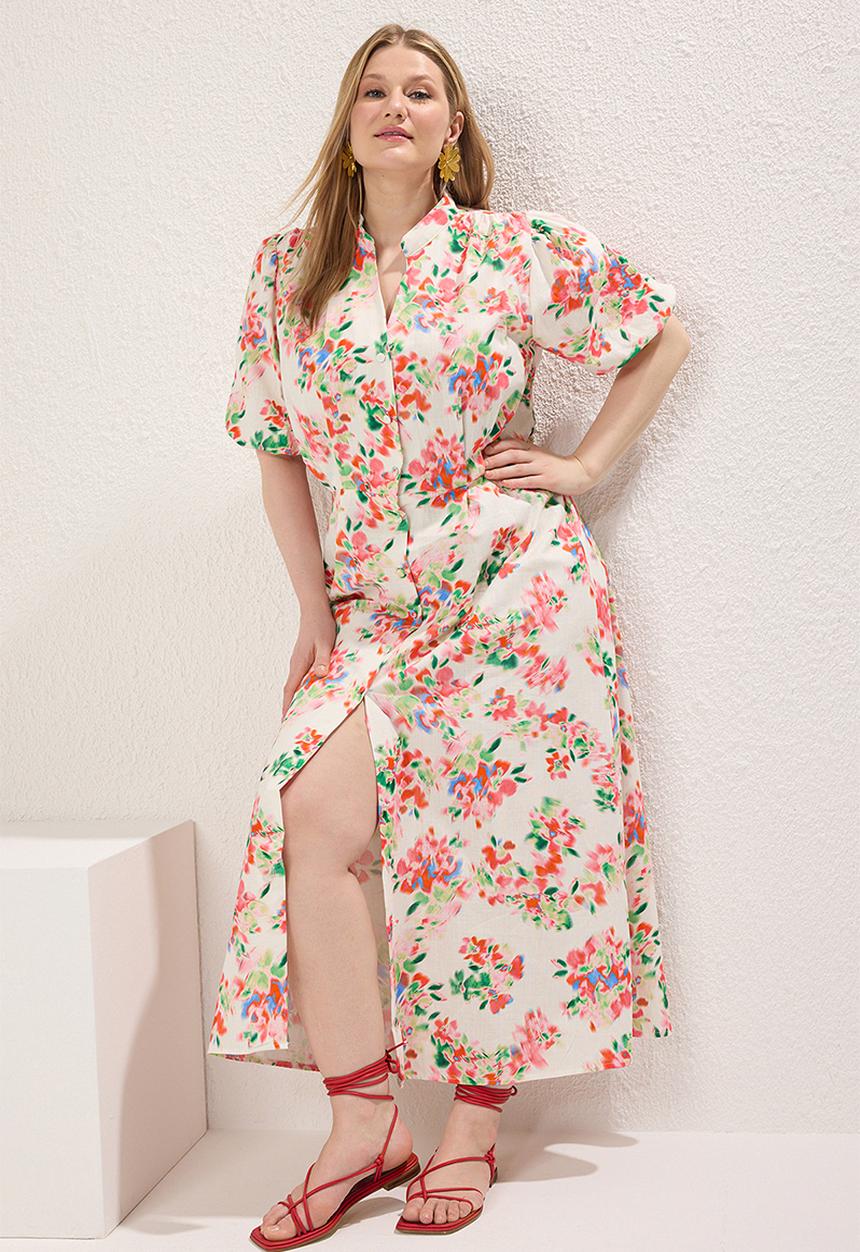 Trendyol - Short balloon sleeve floral woven midi plus size dress - ecru