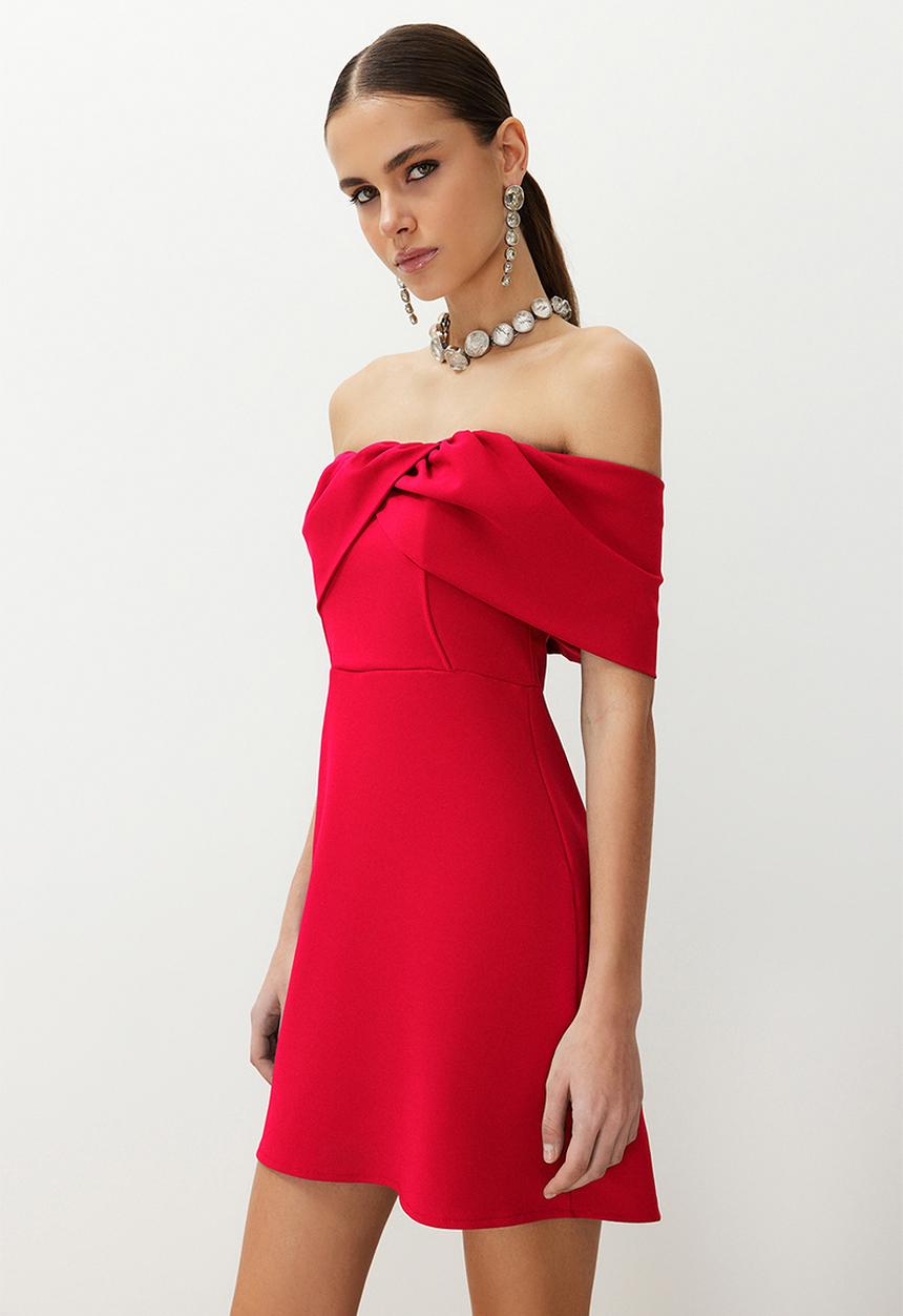 Trendyol - A-line Carmen Collar Woven Mini Dress - Red