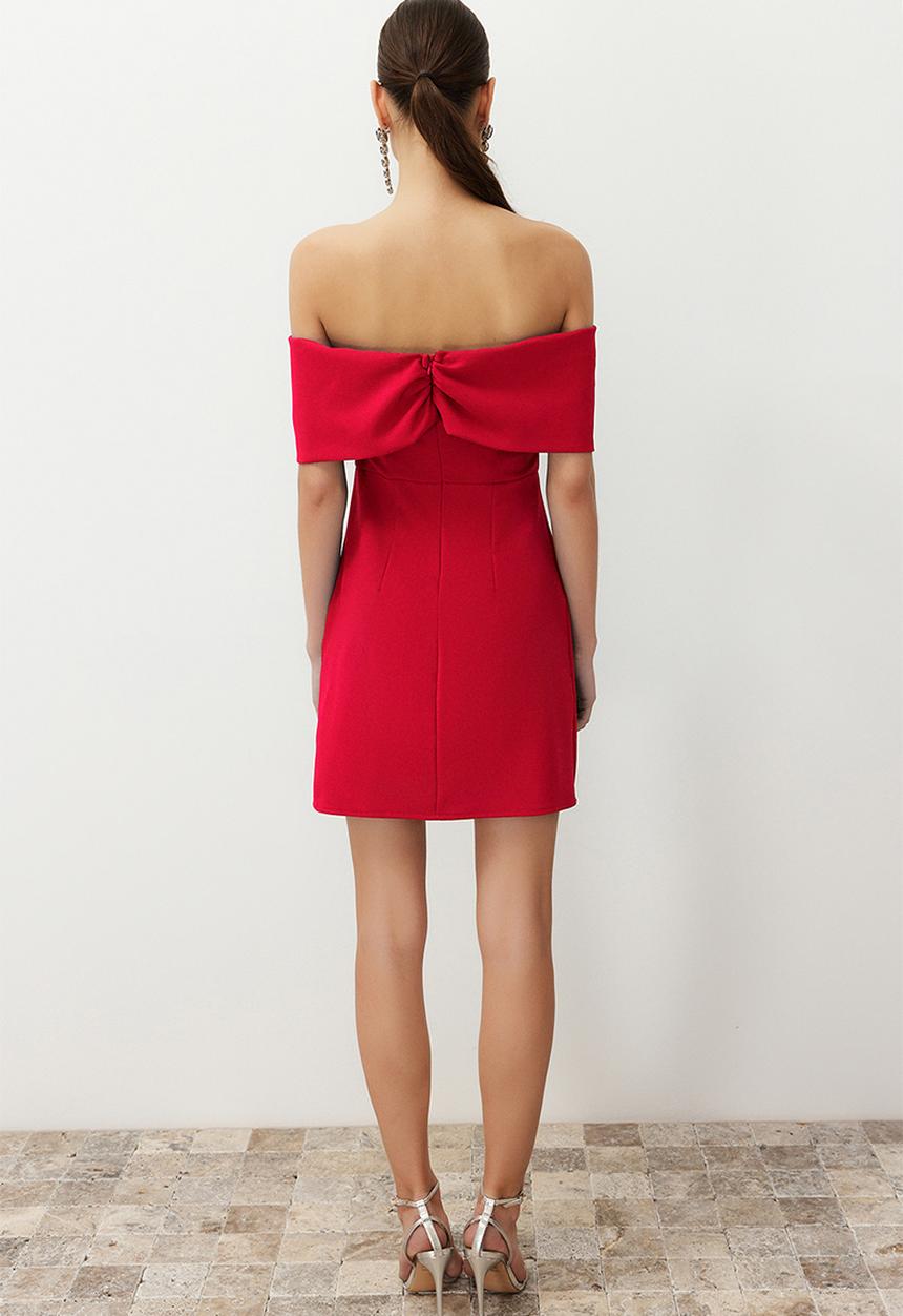 Trendyol - A-line Carmen Collar Woven Mini Dress - Red