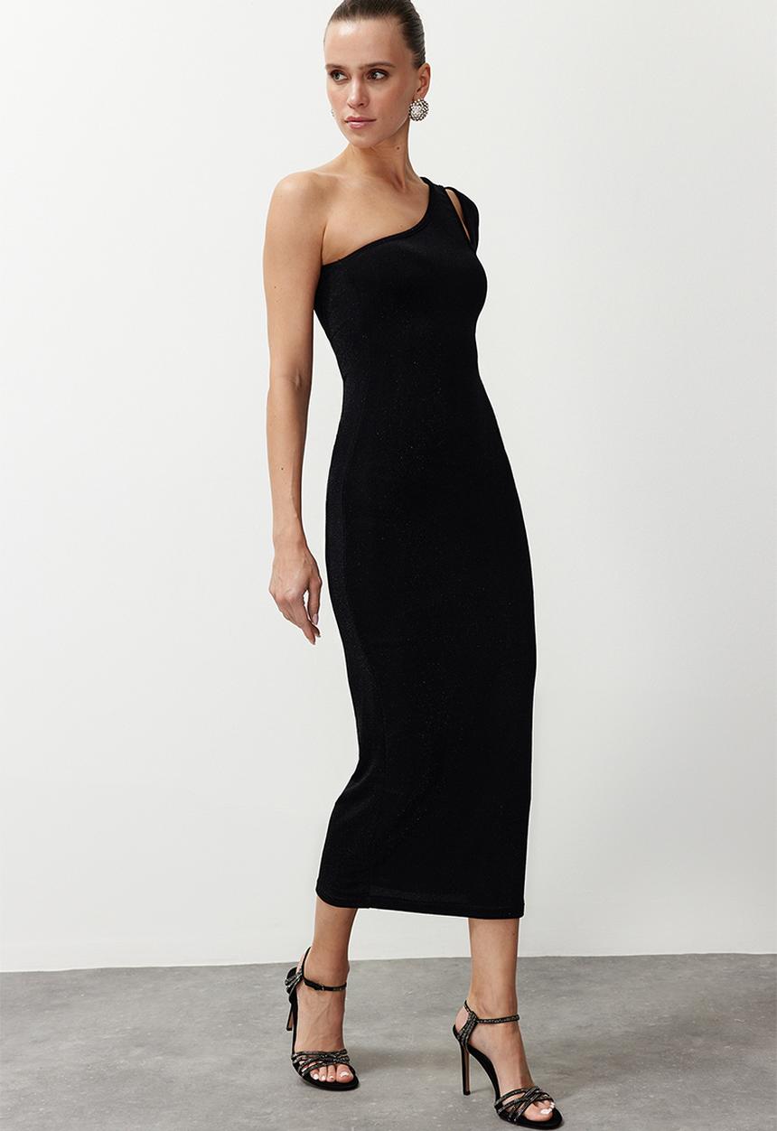 Trendyol - Lined Shiny Lurex Knitted Elegant Evening Dress - Black