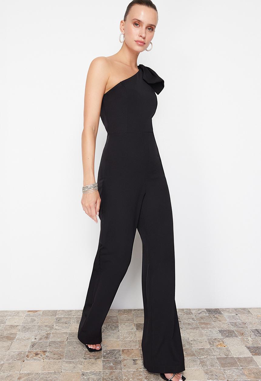 Trendyol - Bow Detailed Single Sleeve Woven Jumpsuit - Black