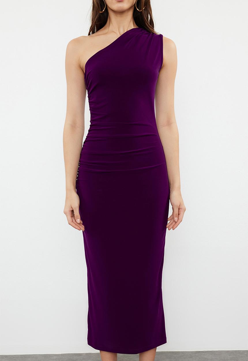 Trendyol - Straight one-shoulder draped fitted stretchy knitted dress - dark purple