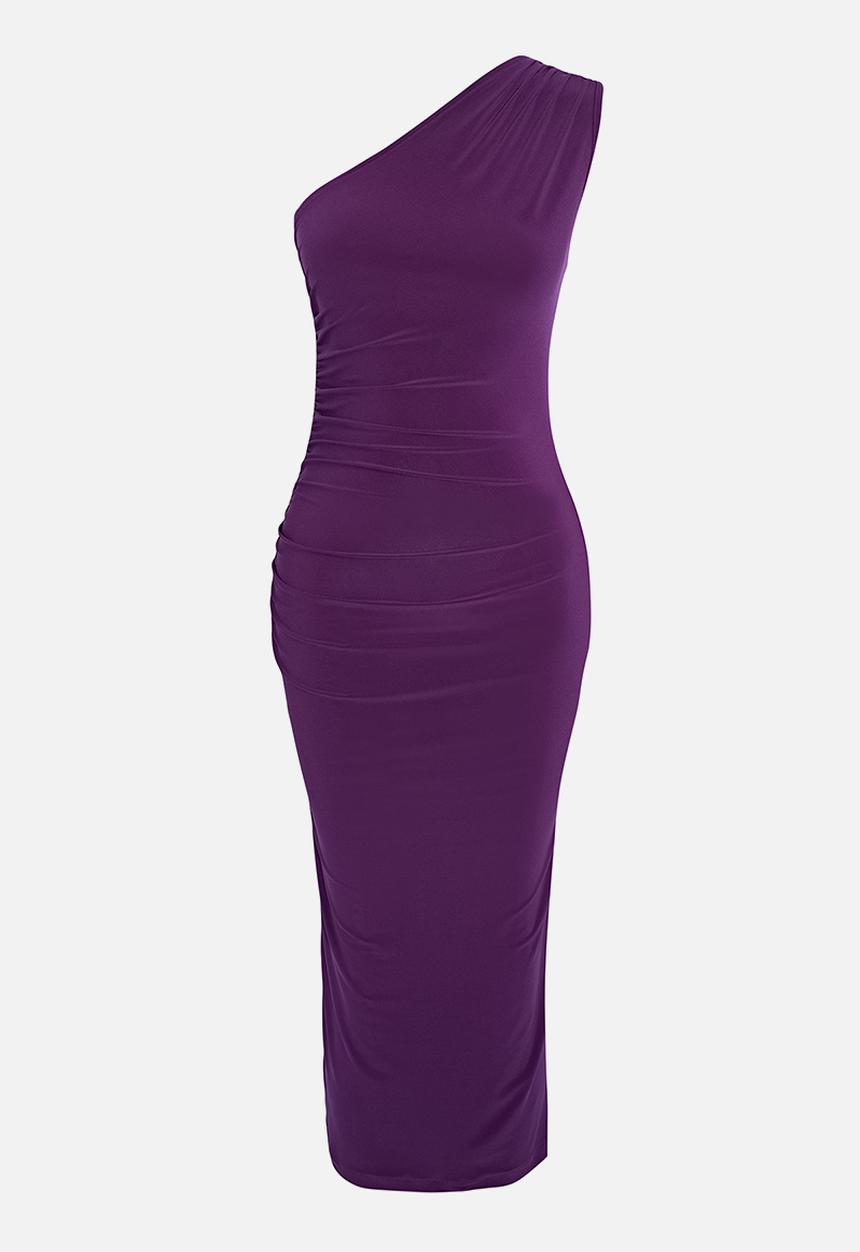 Trendyol - Straight one-shoulder draped fitted stretchy knitted dress - dark purple