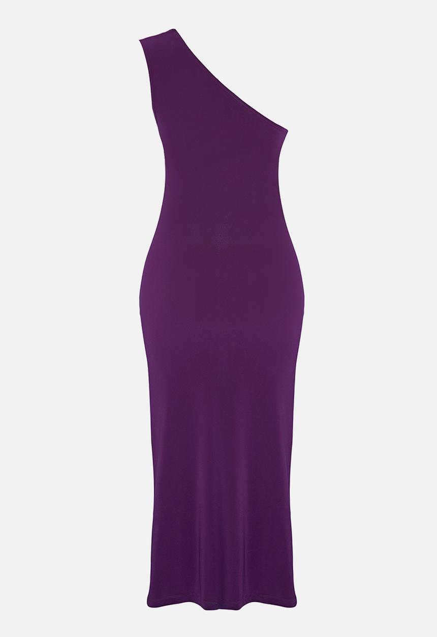 Trendyol - Straight one-shoulder draped fitted stretchy knitted dress - dark purple