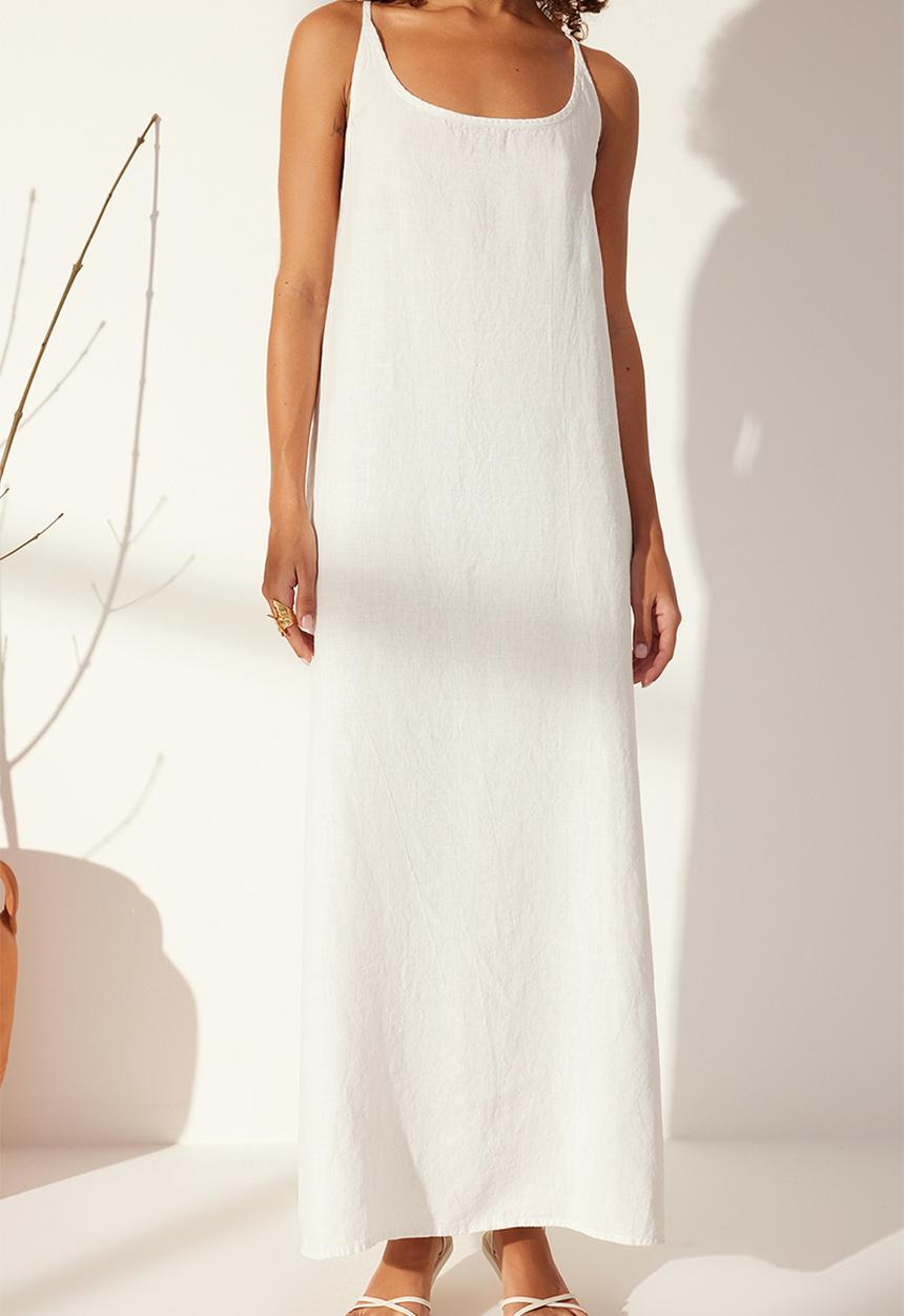 Trendyol - 100% Linen Back Detail Maxi Dress - White