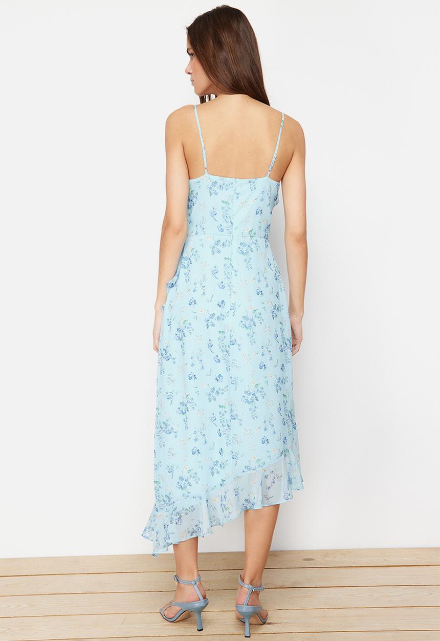 Trendyol - Floral Ruffle A-line Chiffon Lined Midi Woven Dress - Blue