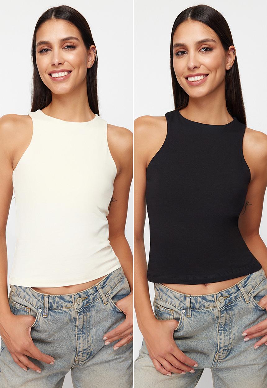 Trendyol - Cotton halter collar fitted flexible 2 pack knitted undershirt - black-stone
