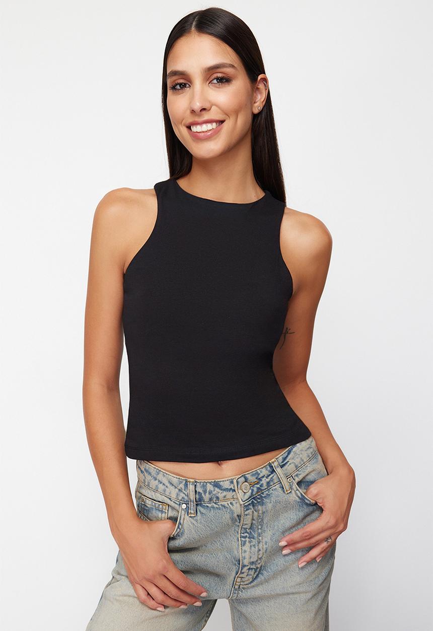Trendyol - Cotton halter collar fitted flexible 2 pack knitted undershirt - black-stone