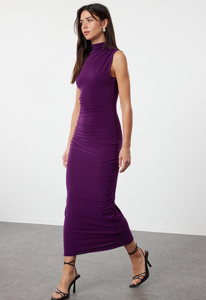 Trendyol - Plain gathered maxi zero sleeve draped bodycone/fits body stretch knit dress - purple