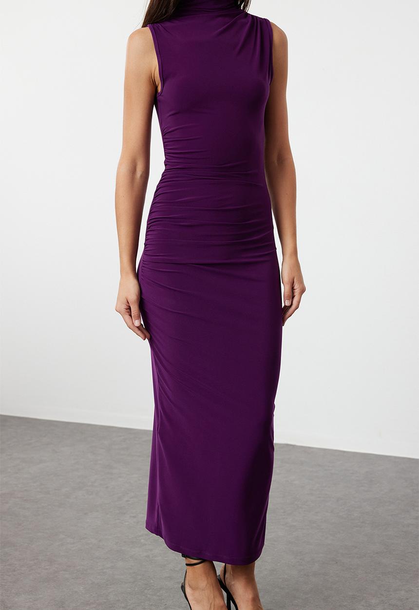 Trendyol - Plain gathered maxi zero sleeve draped bodycone/fits body stretch knit dress - purple