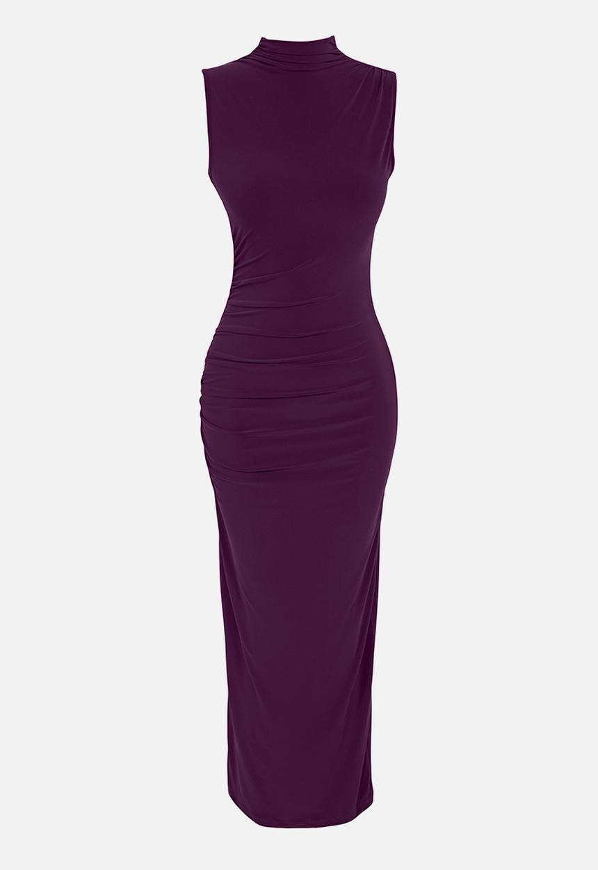 Trendyol - Plain gathered maxi zero sleeve draped bodycone/fits body stretch knit dress - purple