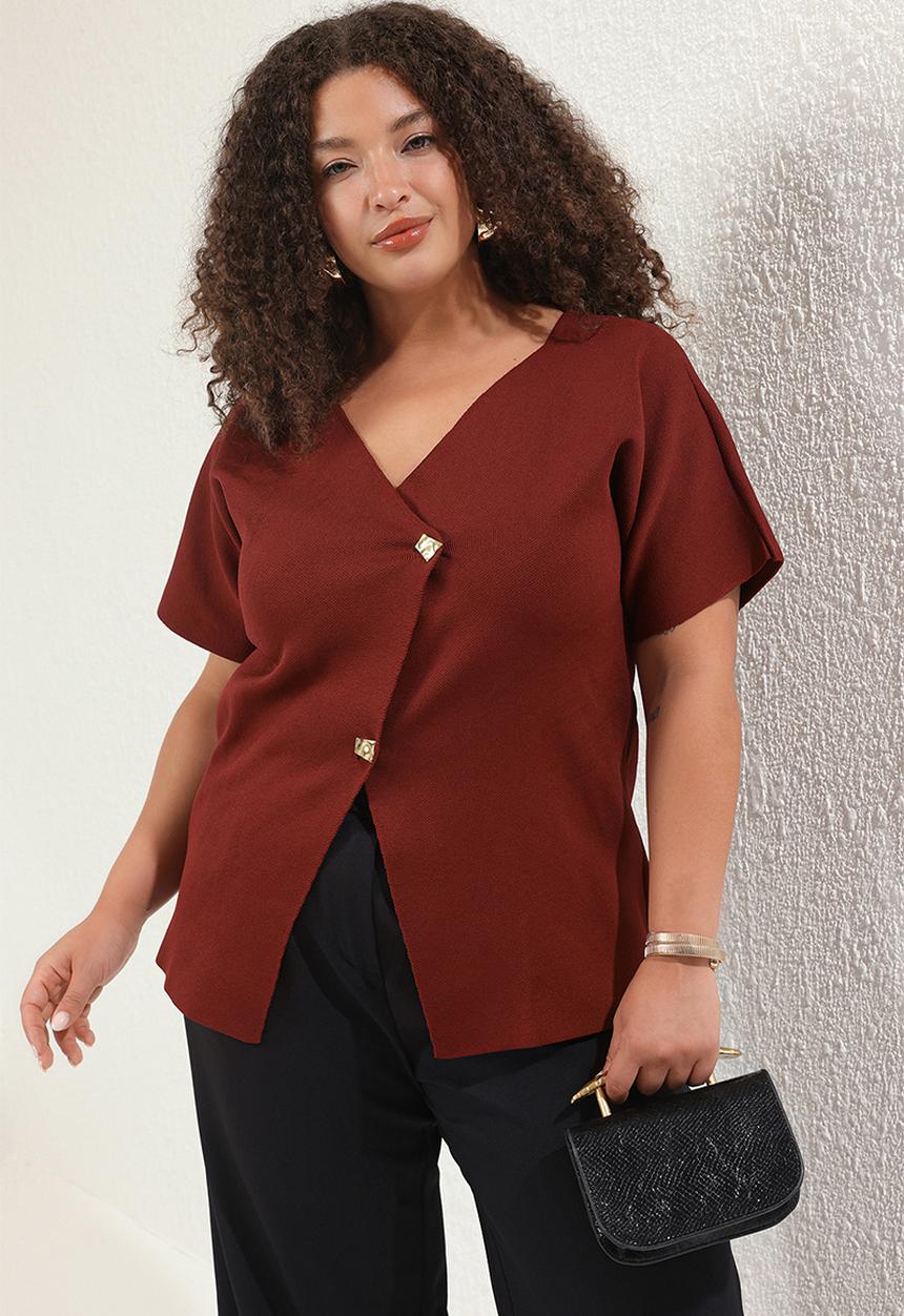 Trendyol - Buttoned asymmetric closure knitwear blouse - plum
