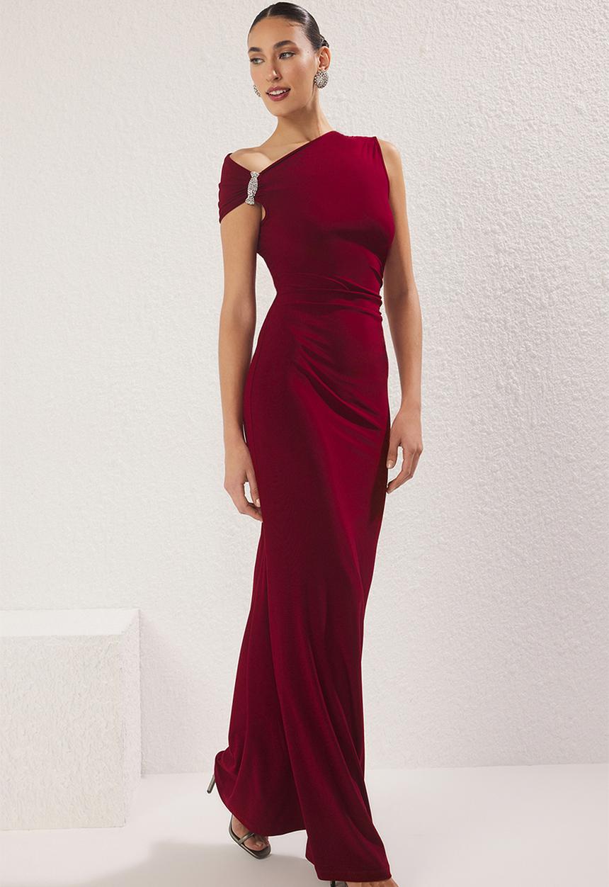 Trendyol - Stone Accessory Woven Maxi Evening Dress - burgundy