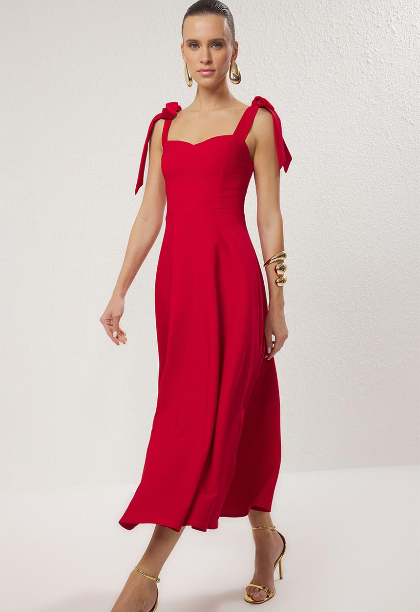 Trendyol - A-Line Strap Detailed Woven Midi Chic Evening Prom Dress - Red
