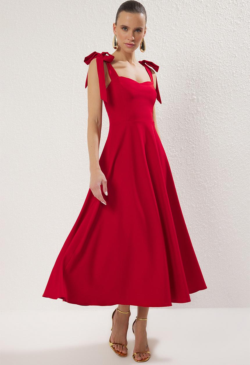 Trendyol - A-Line Strap Detailed Woven Midi Chic Evening Prom Dress - Red
