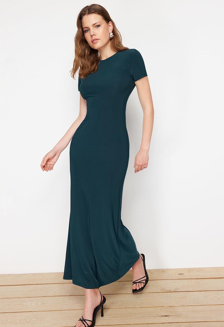 Trendyol - Fitted crew neck flexible knitted maxi pencil dress - emerald