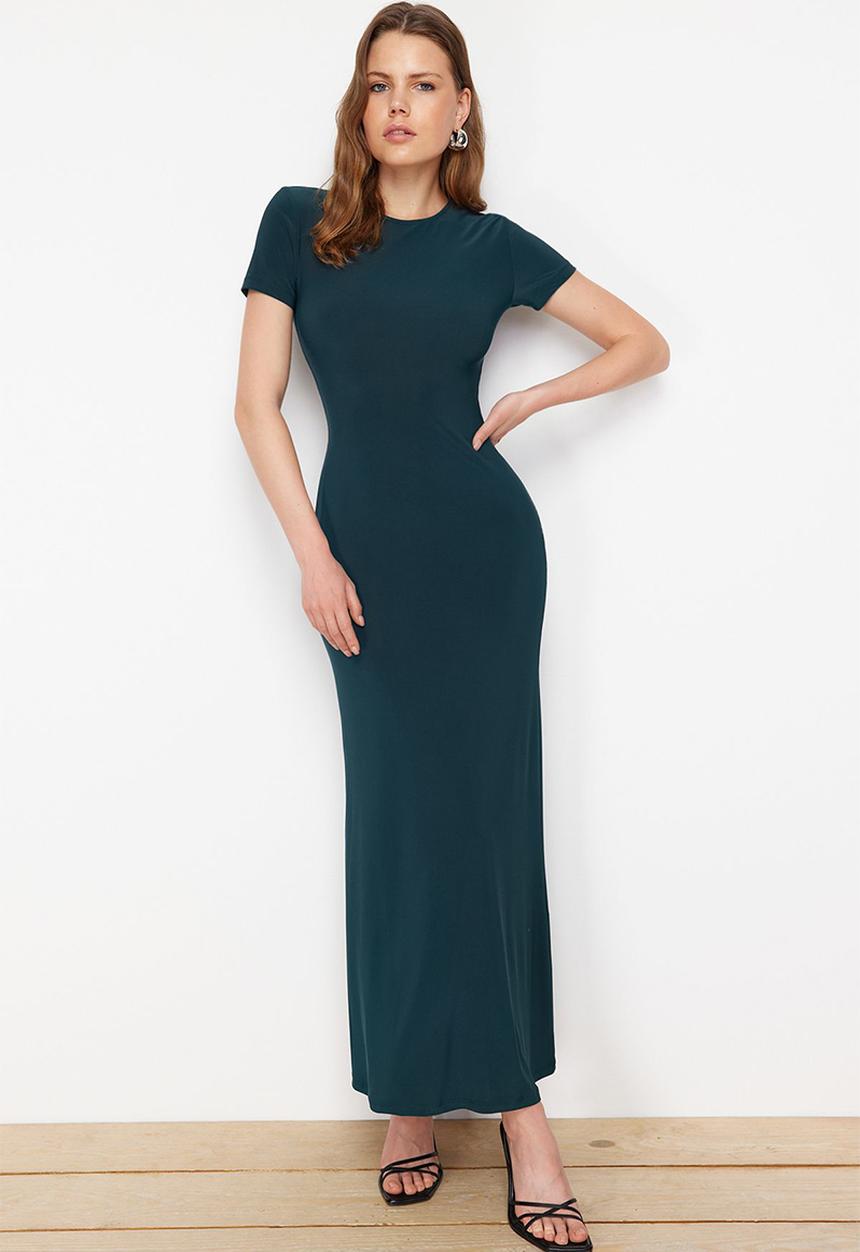 Trendyol - Fitted crew neck flexible knitted maxi pencil dress - emerald