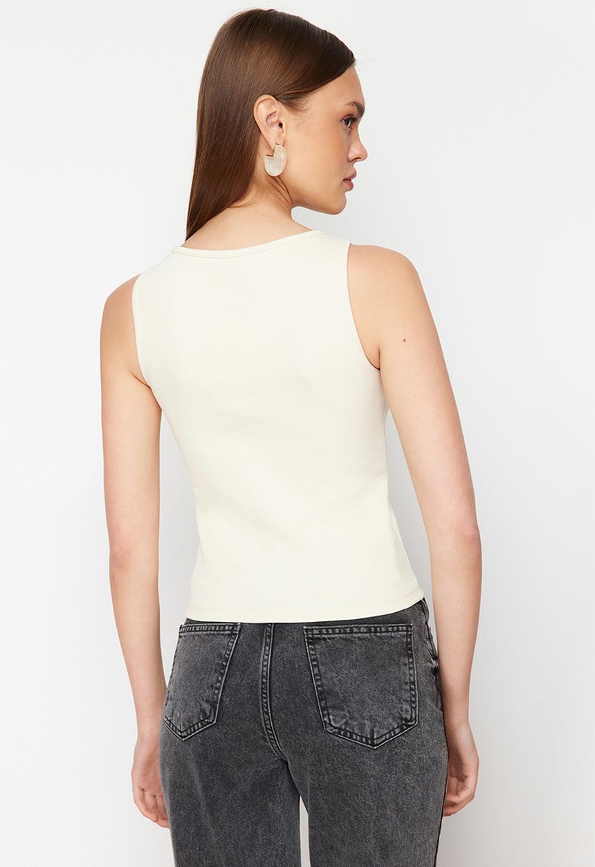 Trendyol - Buttoned fitted stretchy knitted blouse - stone