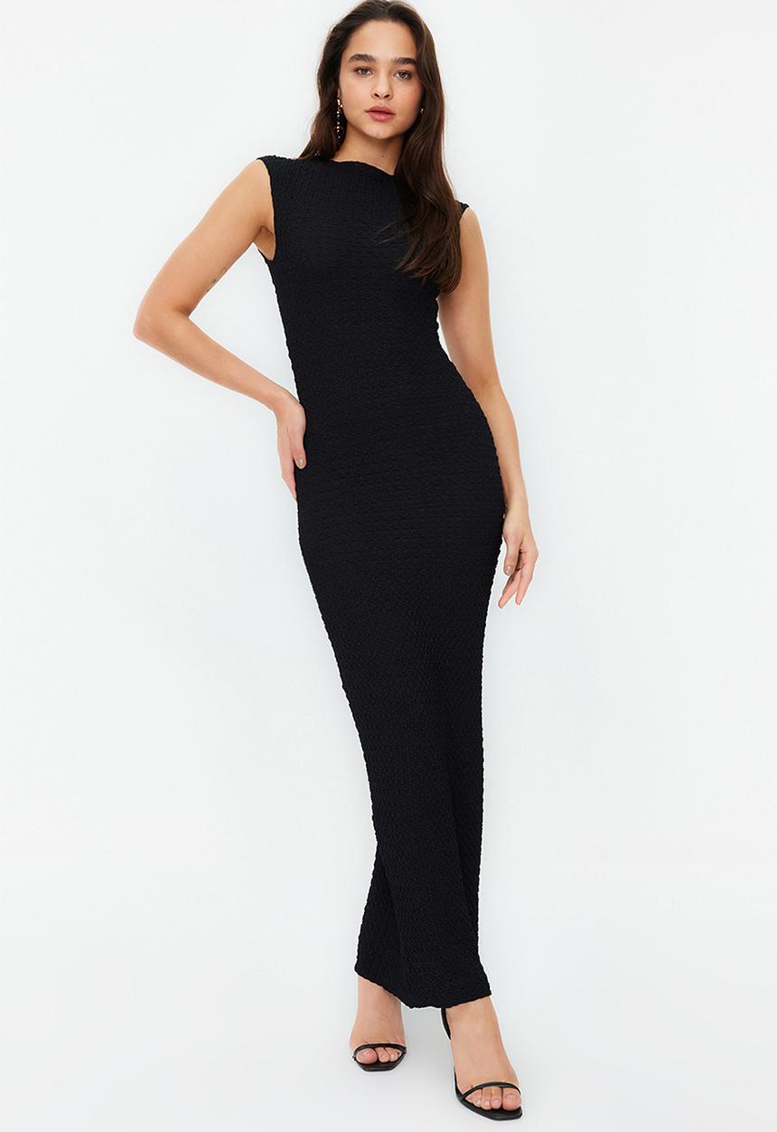 Trendyol - Textured fabric fitted moon sleeve knitted stretchy midi pencil dress - black