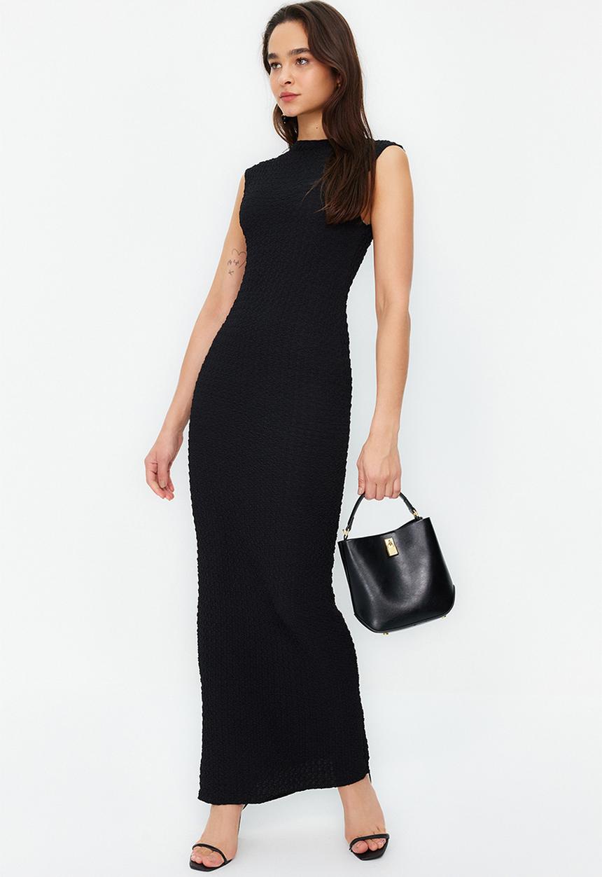 Trendyol - Textured fabric fitted moon sleeve knitted stretchy midi pencil dress - black