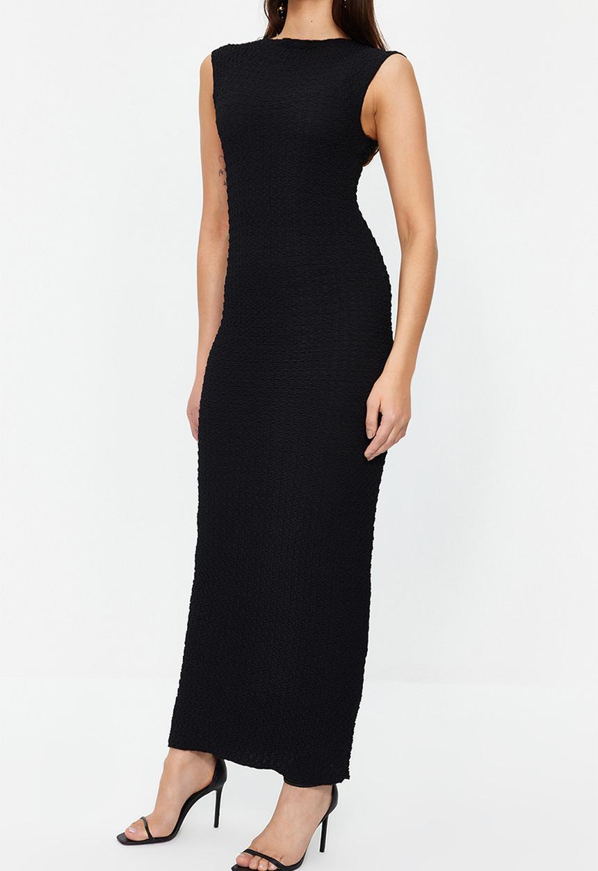 Trendyol - Textured fabric fitted moon sleeve knitted stretchy midi pencil dress - black