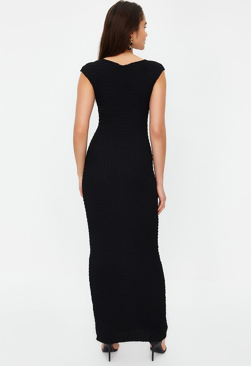 Trendyol - Textured fabric fitted moon sleeve knitted stretchy midi pencil dress - black
