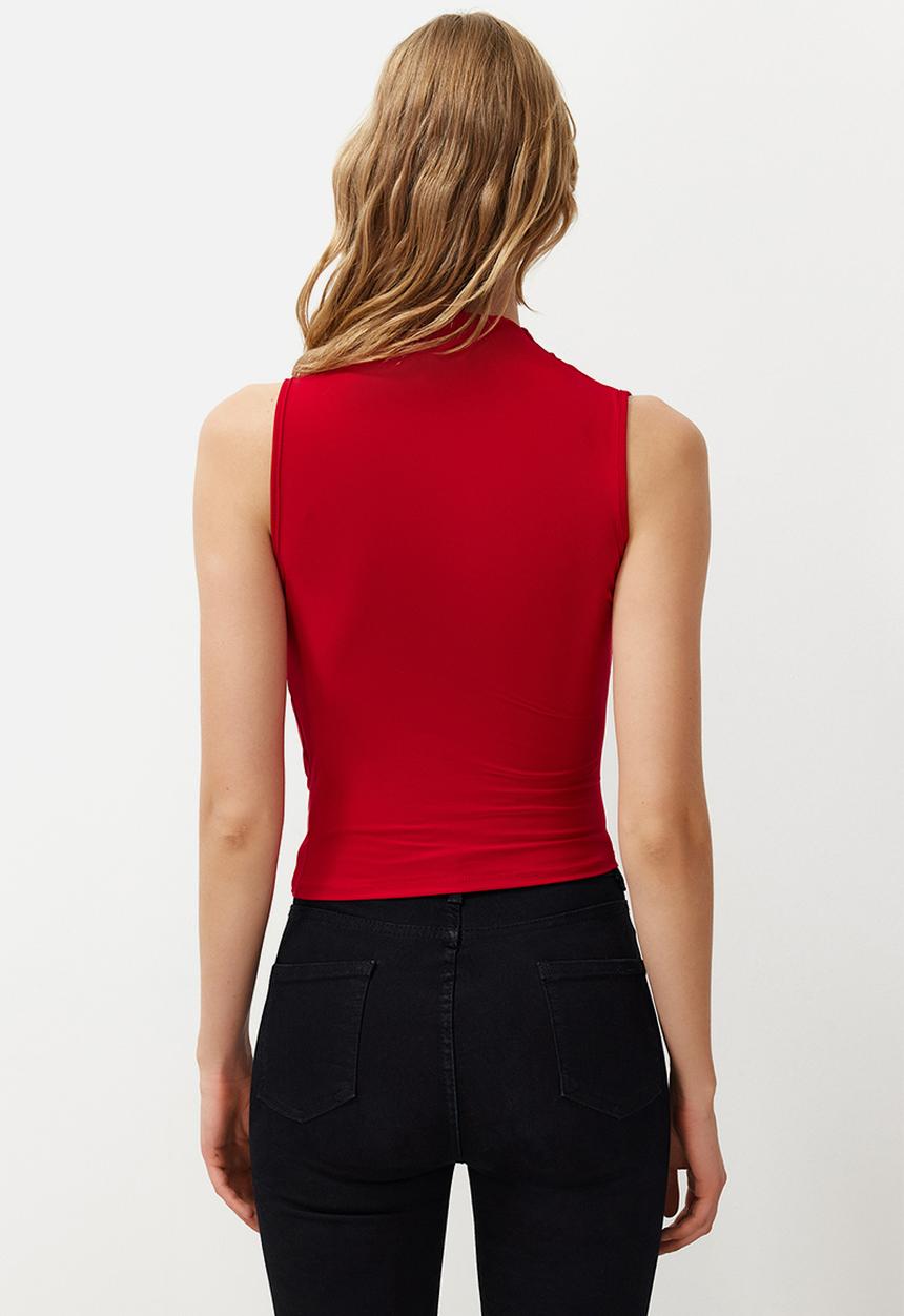 Trendyol - Gathered, fitted, stretchy knitted top - red