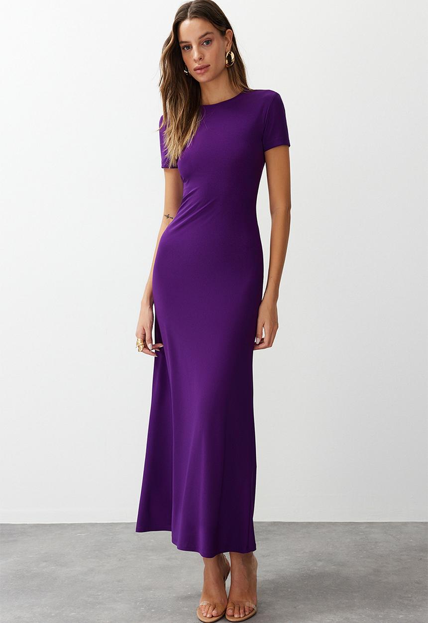 Trendyol - Short sleeve bodycone/fitting crew neck stretchy knitted maxi pencil dress - purple