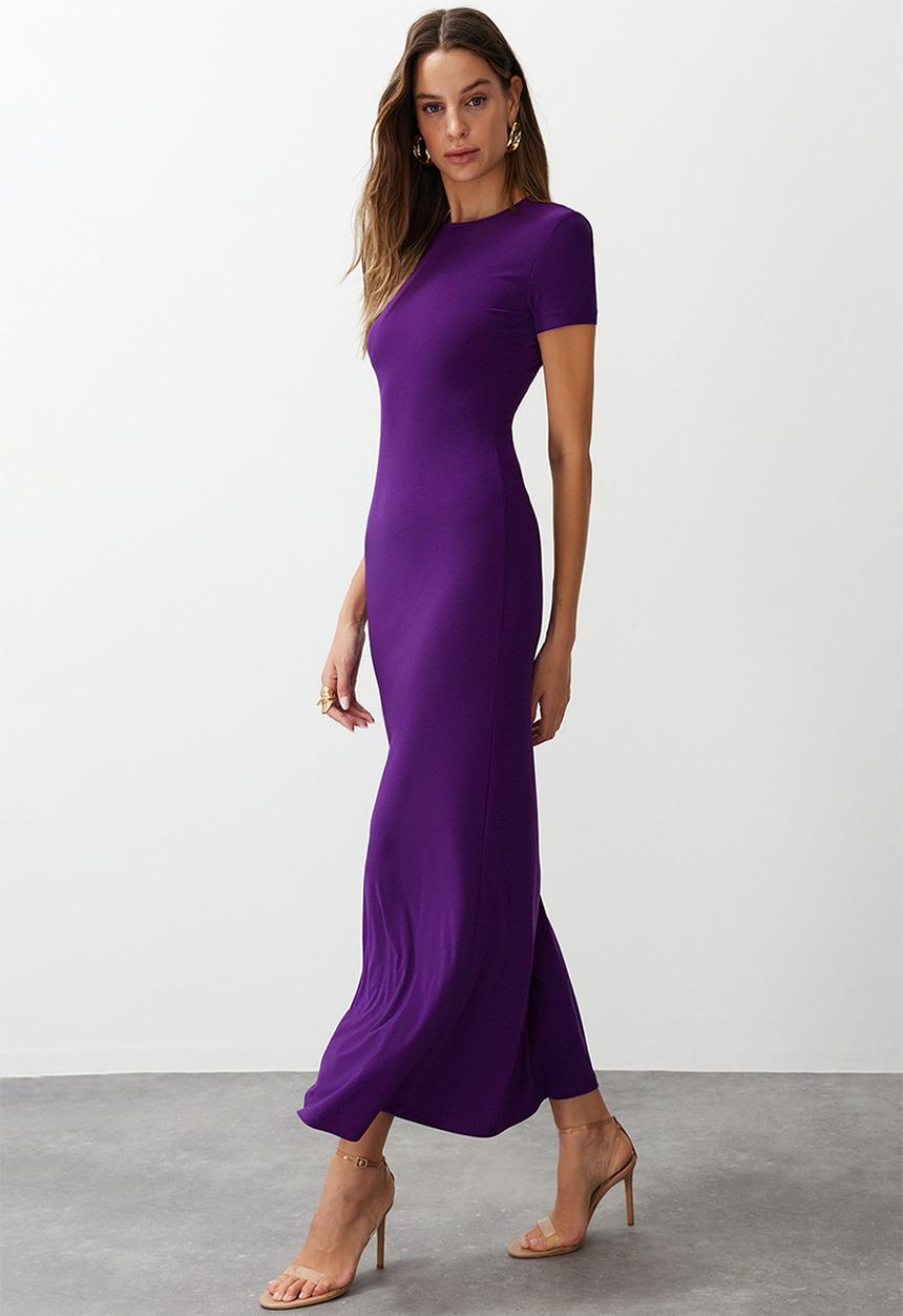 Trendyol - Short sleeve bodycone/fitting crew neck stretchy knitted maxi pencil dress - purple