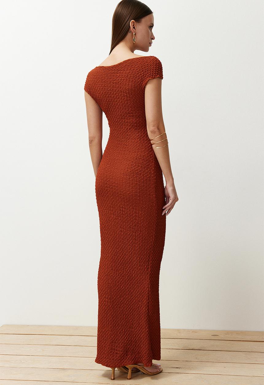 Trendyol - Textured fitted moon sleeve stretchy knitted midi dress - Burgundy
