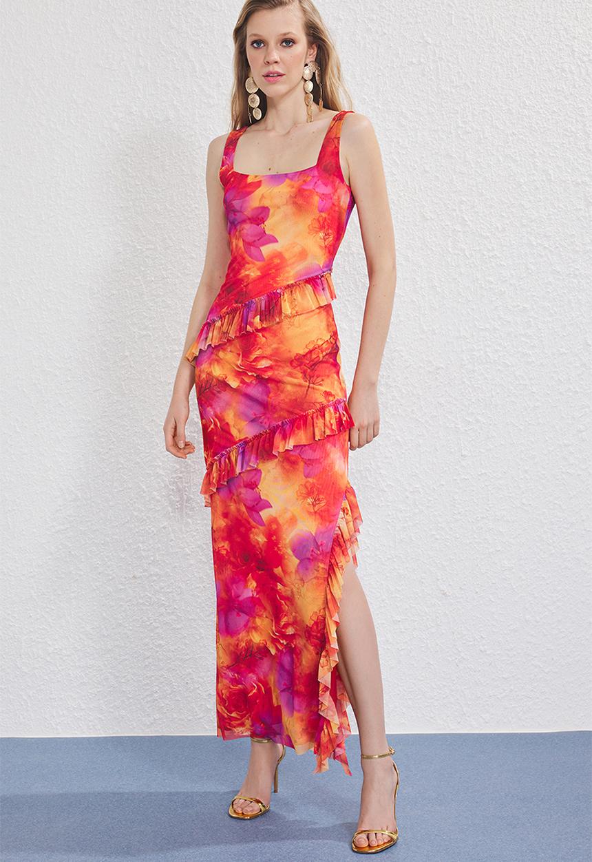Ruffle detailed tulle lined maxi evening prom dress - very colorful