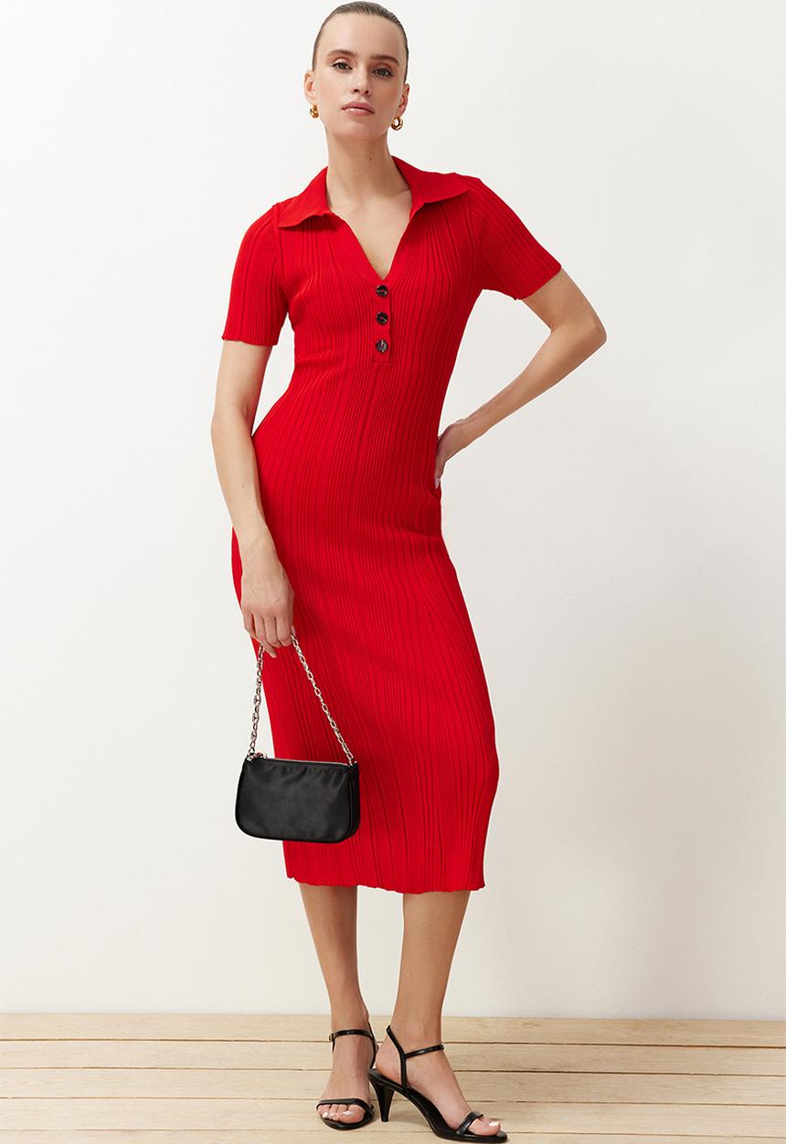 Trendyol - Plain maxi maxi knitwear polo neck knitwear dress - red