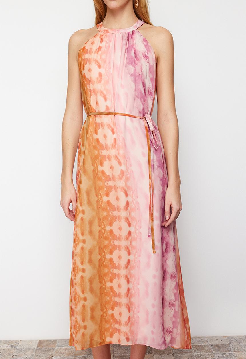 Trendyol - Abstract pattern straight cut chiffon lined maxi woven dress - pink