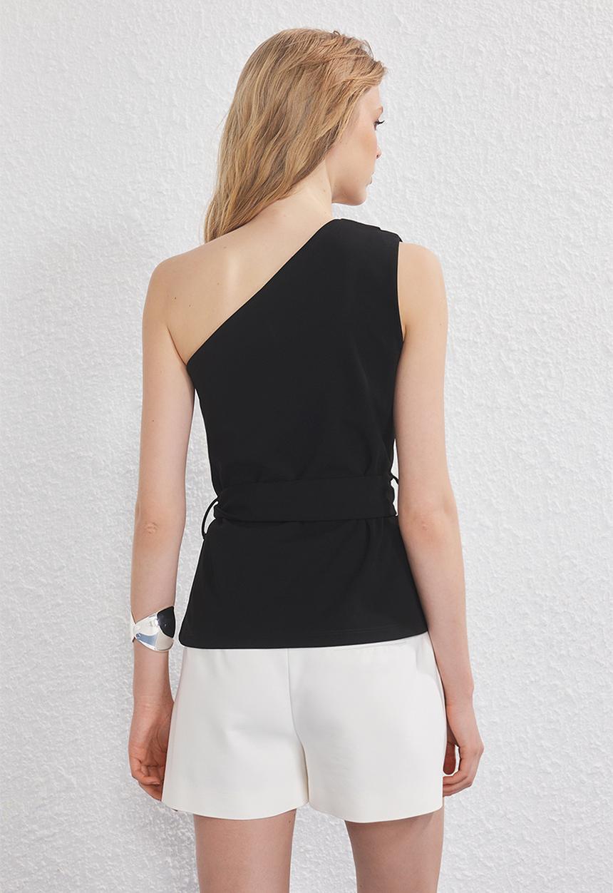 Trendyol - Belted asymmetric collar detail crepe stretch knit top- black