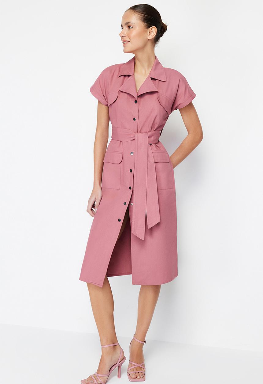 Trendyol -  Belted gabardine midi shirt dress - Rose pink