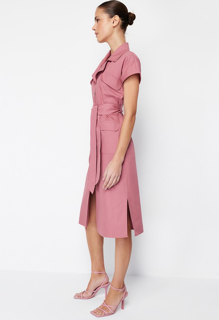 Trendyol -  Belted gabardine midi shirt dress - Rose pink