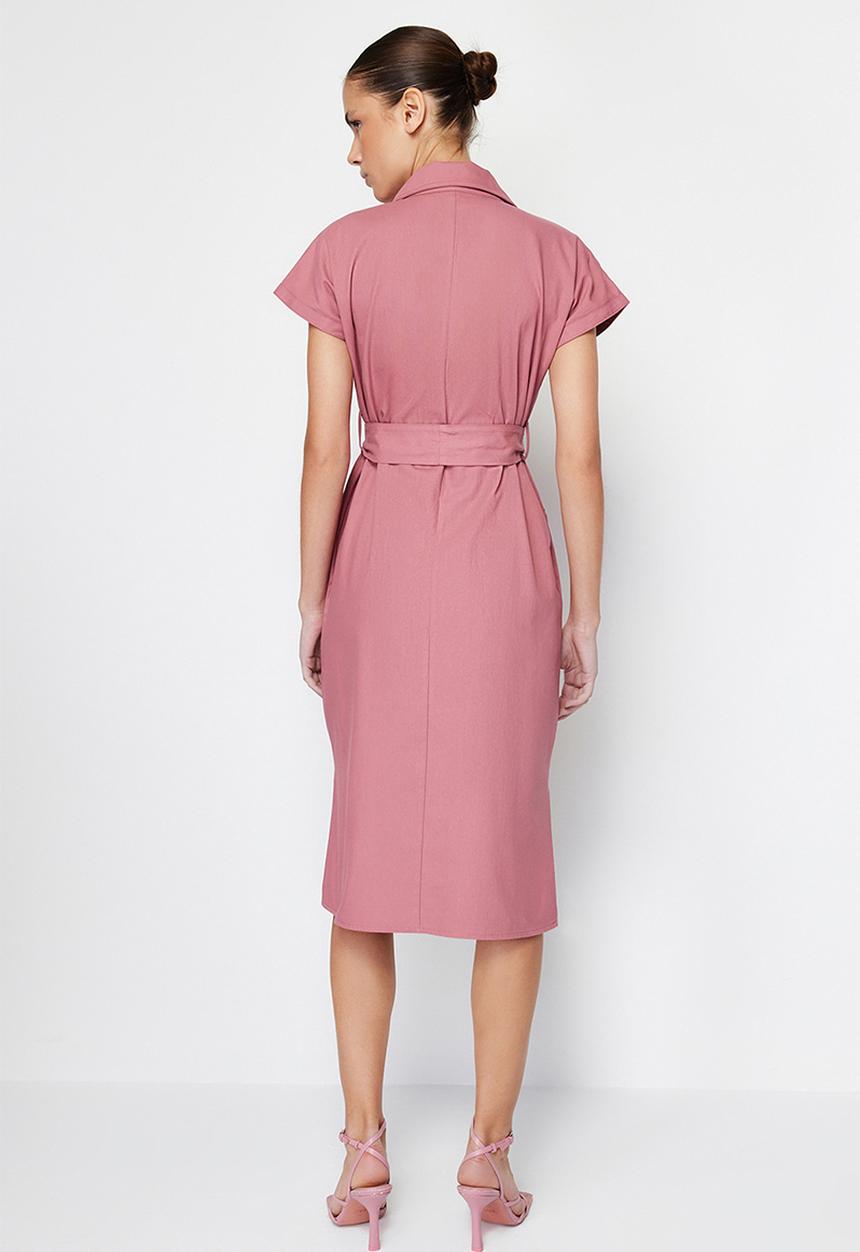 Trendyol -  Belted gabardine midi shirt dress - Rose pink