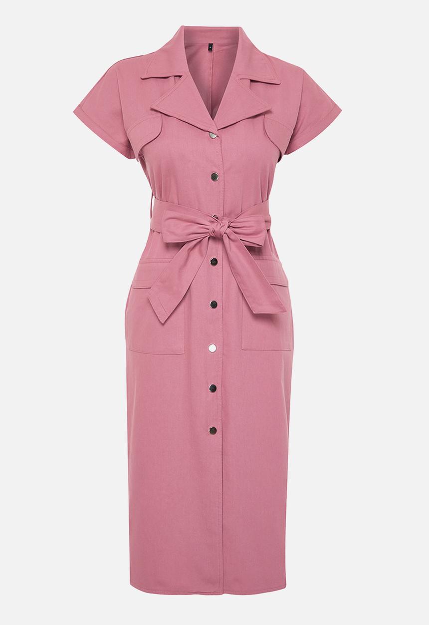 Trendyol -  Belted gabardine midi shirt dress - Rose pink