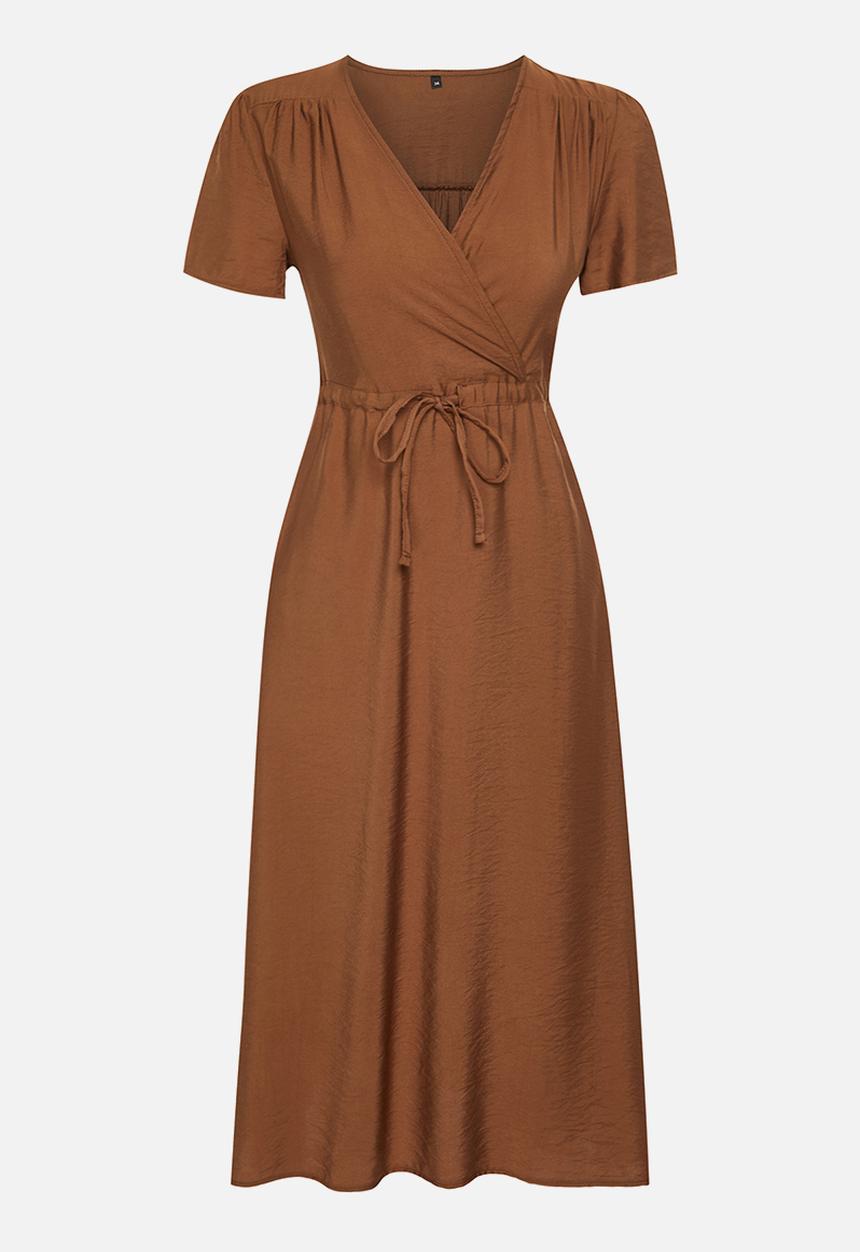 Trendyol - V-neck Midi Woven Dress with Opened Waist - Brown