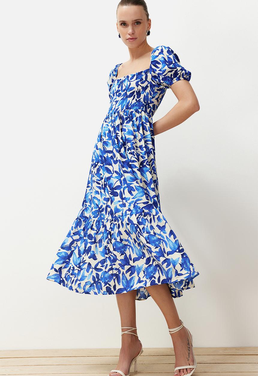 Trendyol - Floral Tiered Midi Woven Dress - Blue